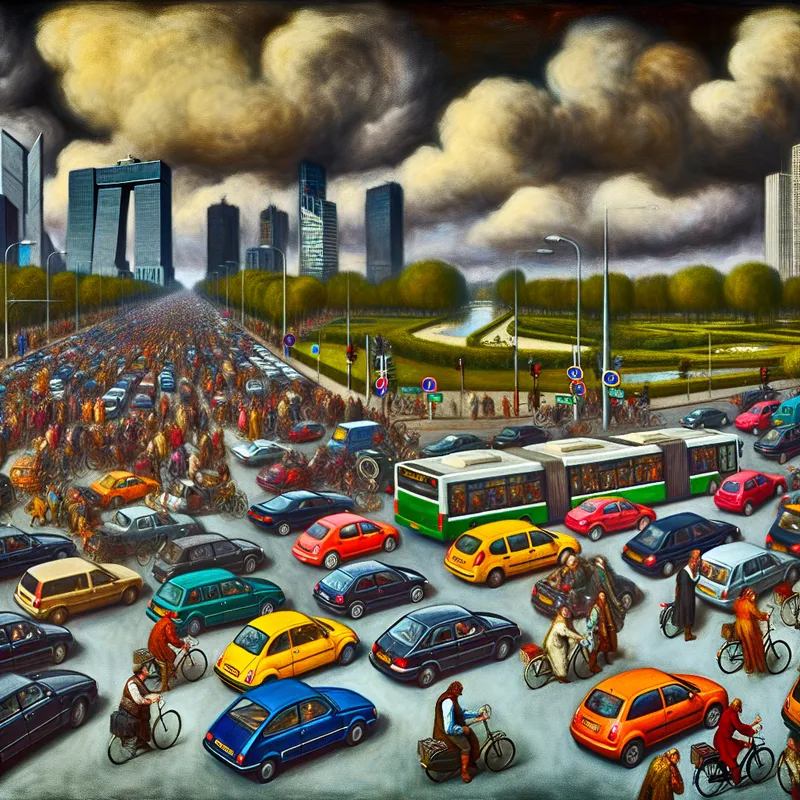 Drukke verkeerssituatie op een stadsintersectie met auto's, bussen en fietsen tijdens het spitsuur.