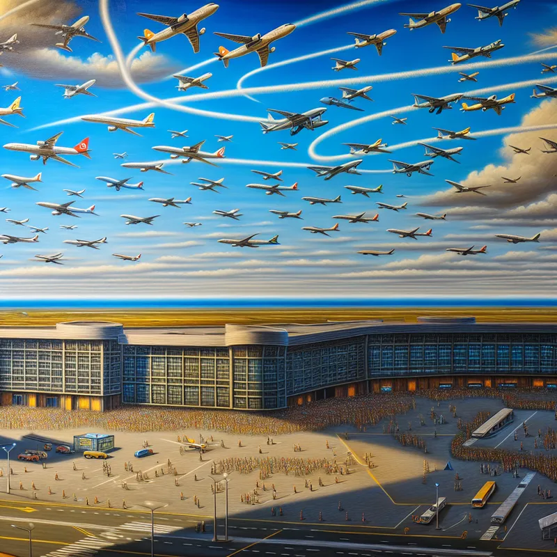 Hyperrealistisch beeld van een druk vliegveld met rond cirkelende vliegtuigen en een moderne terminal vol mensen die de vliegtuigen observeren.