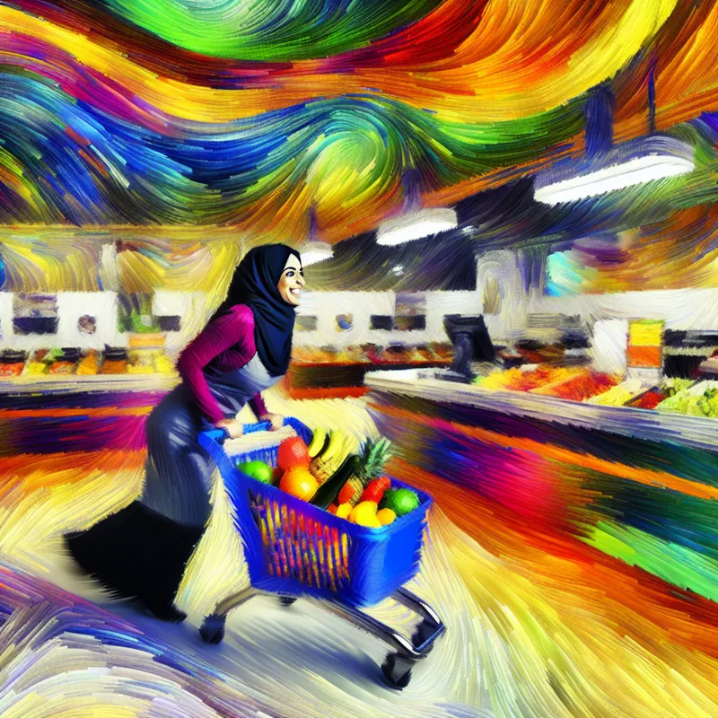 Jonge vrouw duwt energiek een kleurrijke winkelwagen vol fruit en groenten naar de kassa in een levendige supermarkt