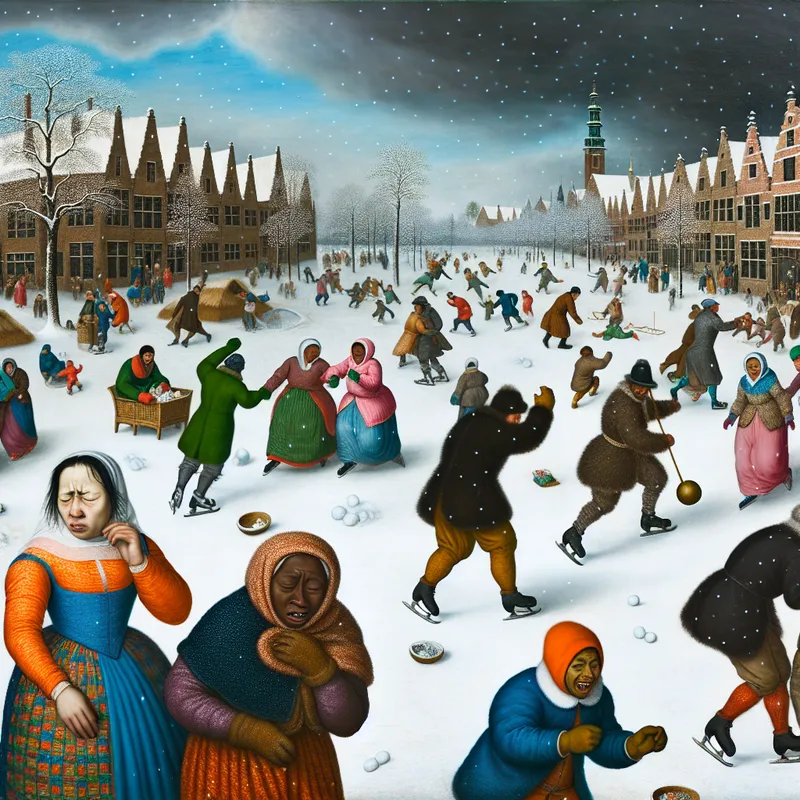 Een levendig winterlandschap met een druk stadsplein vol mensen die verschillende activiteiten ondernemen, zoals een sneeuwballengevecht, schaatsen en kinderen die spelen.