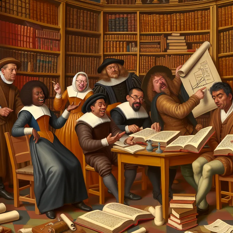 Drukke vintage bibliotheek met diverse personages rond een tafel, bespreken een financieel verslag.