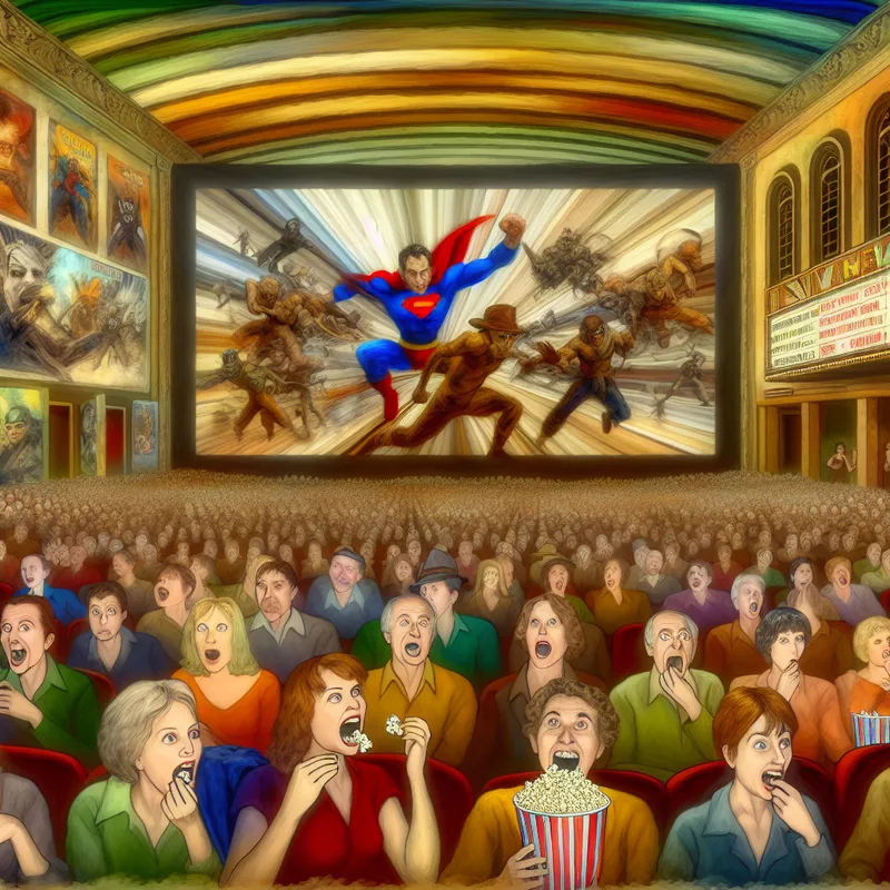 Drukke bioscoop met een groot filmscherm dat een spannende superheldenscène toont, publiek met popcorn en blije gezichten