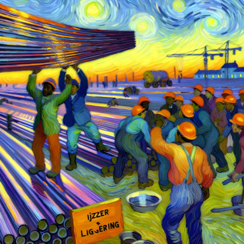 Constructieplaats bij zonsondergang met arbeider die zware ijzeren balk tilt