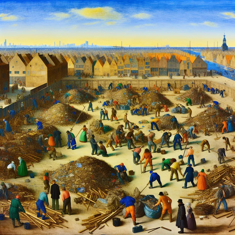 Drukke bouwplaats met een stort aan de rand van de stad, vol met bouwafval en arbeiders die materialen vervoeren.