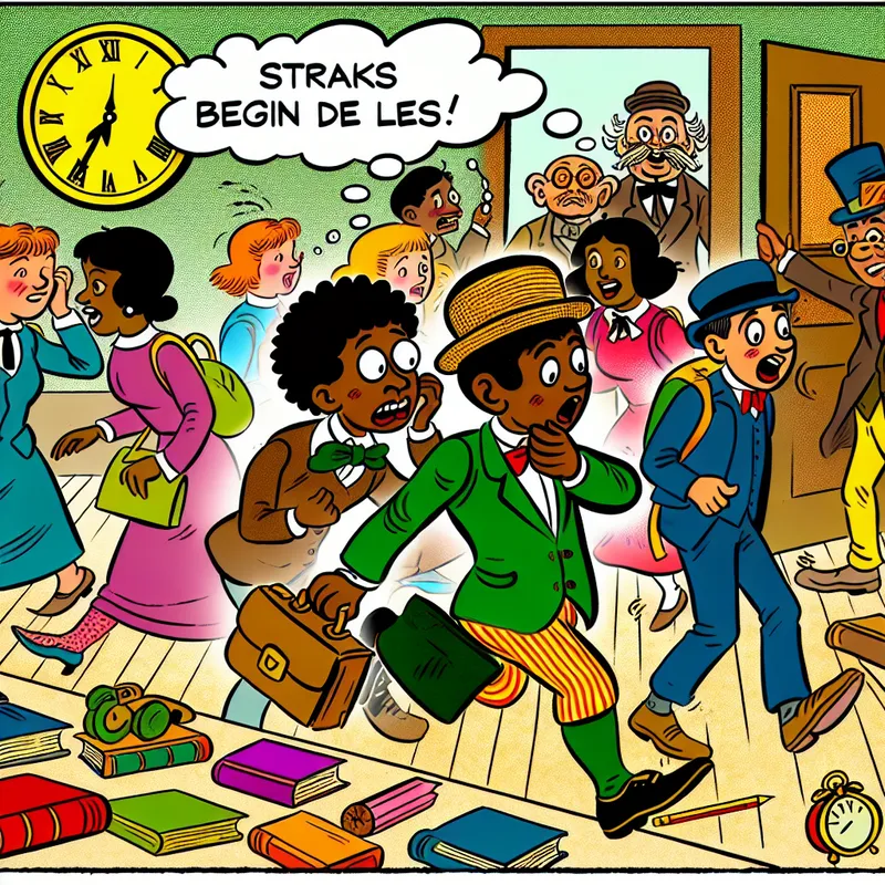 Groep cartoonfiguren haastig op weg naar de les met een klok op de achtergrond en kleurrijke schoolspullen om hen heen.