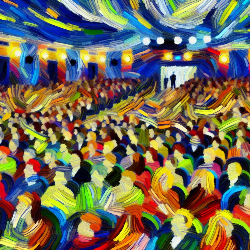 Druk cinema met enthousiaste bezoekers die genieten van een film, gekenmerkt door diverse emotionele reacties en levendige kleuren