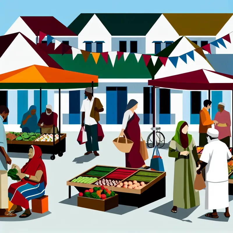 Drukke marktscène in een dorp met kleurrijke stands en mensen die groenten en fruit kopen.