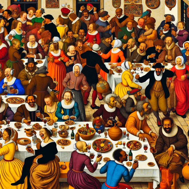 Drukke feestscène met een diverse groep mensen die lachen, dansen en toosten in een warm verlichte kamer.