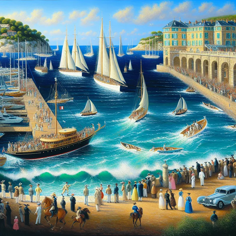 Beeld van een drukke haven met elegante jachten die aanmeren in een pittoreske baai.