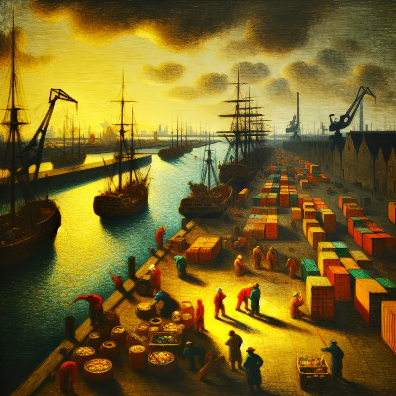 Drukke haven bij zonsondergang met vracht- en containerschepen en dockwerkers