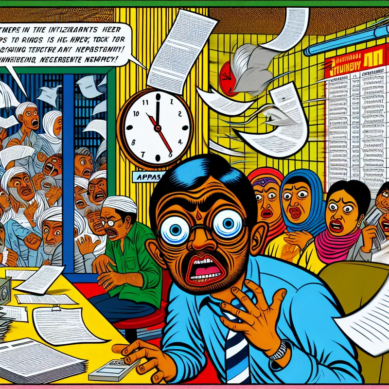 Cartoonachtige scène van een levendige kantooromgeving met mensen in actie. Een verontrust personage gebaart urgent naar anderen terwijl papieren vliegen.