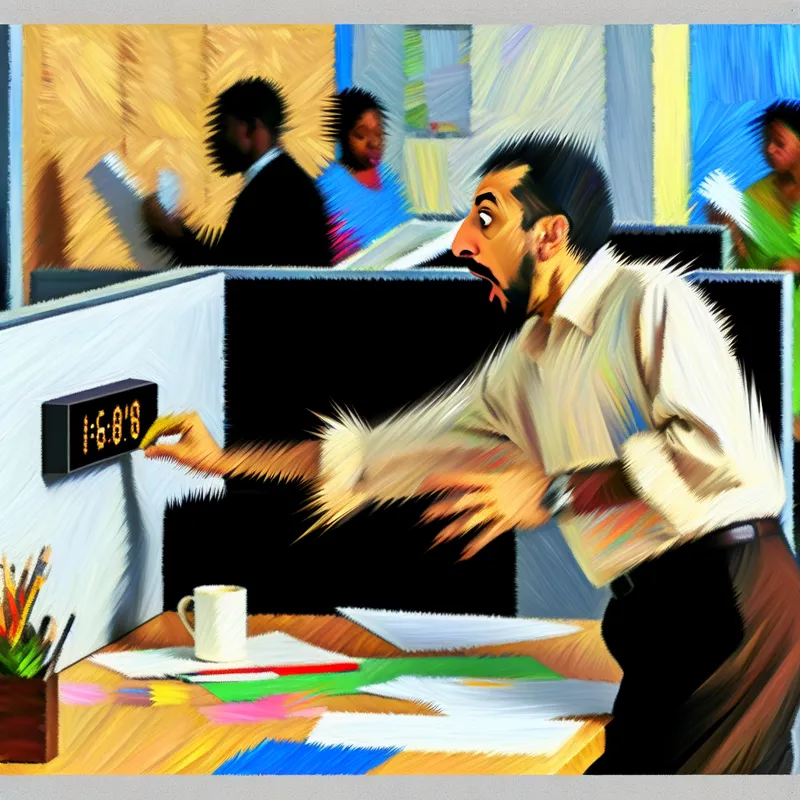 Een persoon kijkt vluchtig naar een digitale klok in een druk kantoor, met een bezorgde uitdrukking op hun gezicht.
