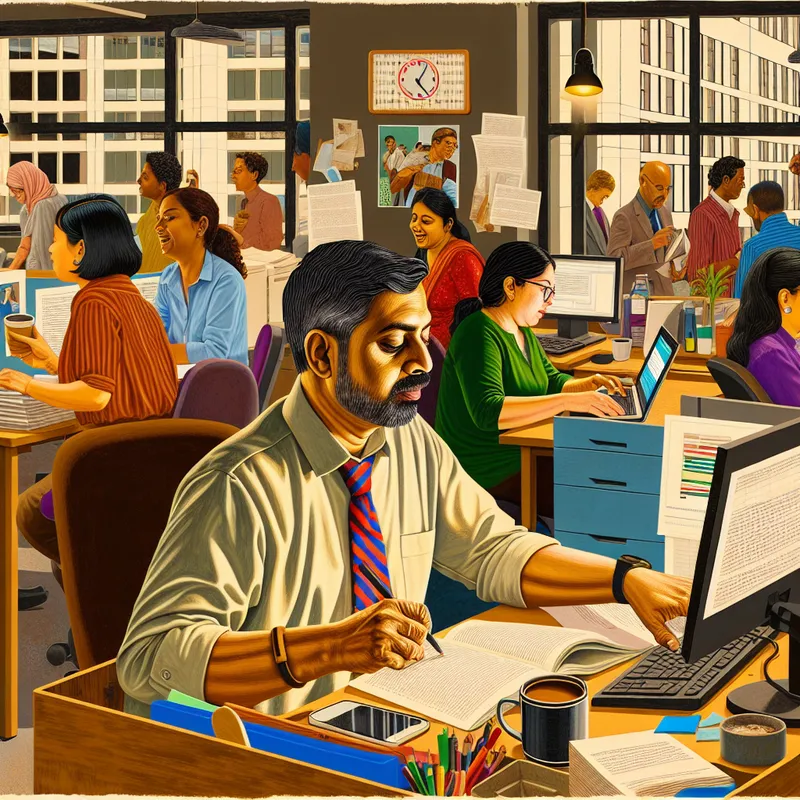 Een drukke kantooromgeving met een man die aan zijn bureau werkt van negen tot vijf, omgeven door kantoorartikelen zoals papieren, computers en koffiekopjes.