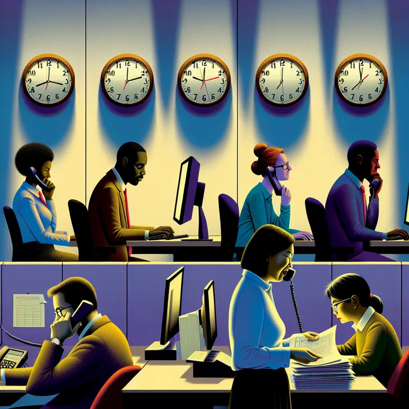 Drukke kantoorruimte met diverse medewerkers die geconcentreerd werken aan bureaus, met klokken op de muur.