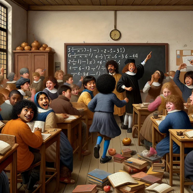 Een drukke klas met diverse studenten die geconcentreerd werken aan een wiskundeprobleem op het bord, waarbij een meisje met krullend haar enthousiast haar hand opsteekt.