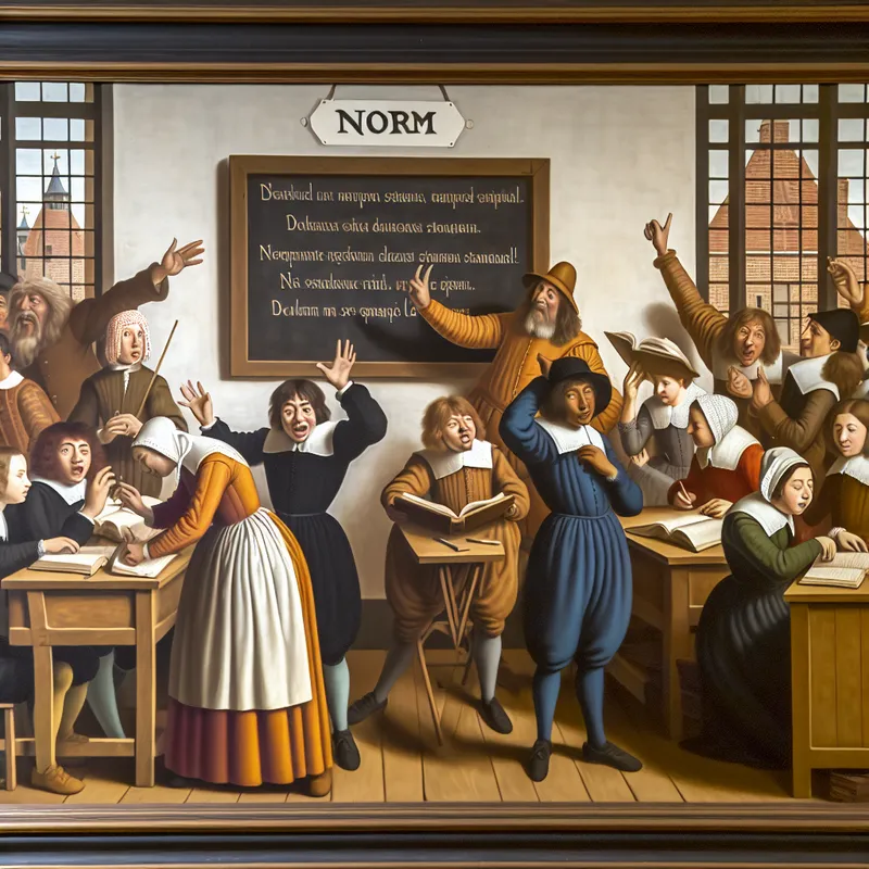 Een drukke klaslokaal met studenten van verschillende leeftijden en achtergronden, met een docent die voor het bord staat waarop 'Norm' staat geschreven.