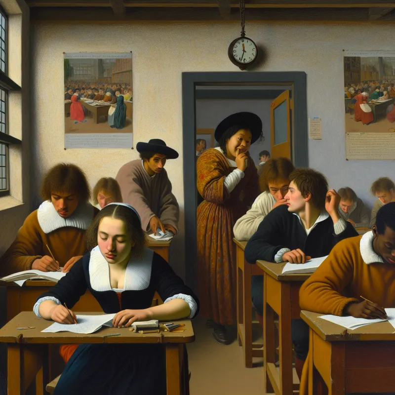 Hungry students in a Dutch classroom during an exam, showing various emotions like concentration and anxiety.