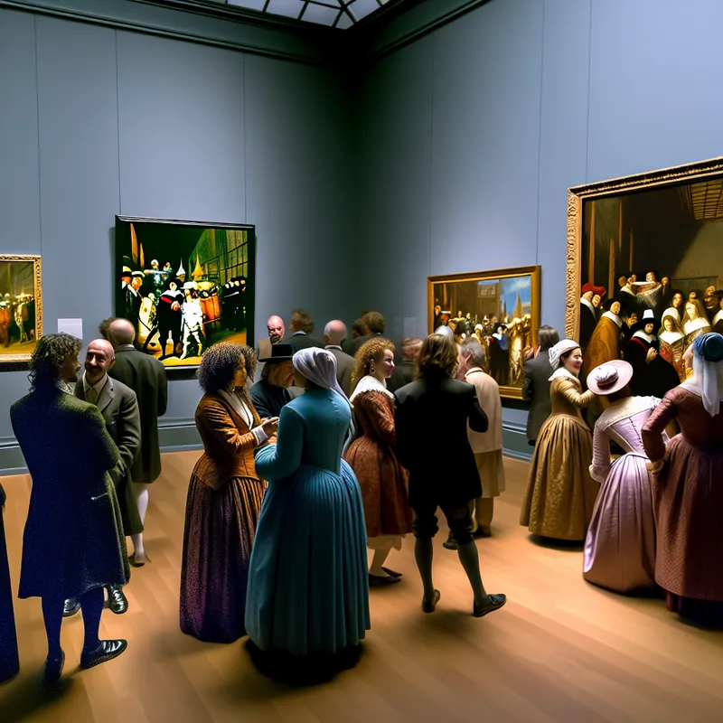 Een drukke kunsttentoonstelling in een museum met diverse bezoekers die een schilderij bewonderen en met elkaar in gesprek zijn.