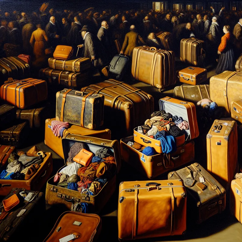 Drukke luchthavenscene met meerdere grote open koffers en reizigers in beweging