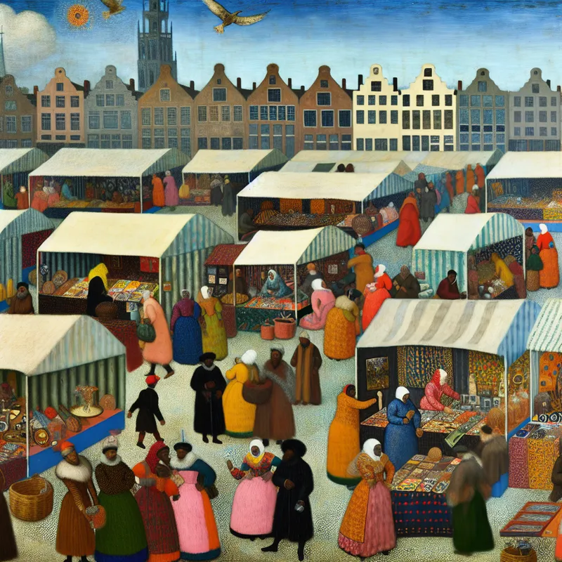 Een levendig marktscène met ICT-stallen en huishoudelijke producten, klanten in interactie, en een historisch gebouw op de achtergrond.