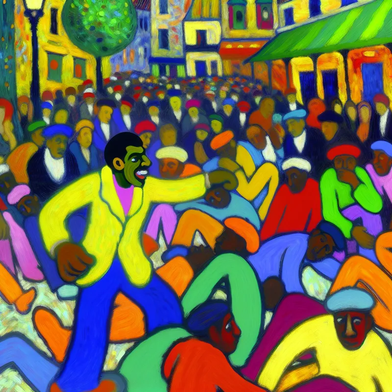 Een kleurrijke markt met een man die om een groep zittende protesterende mensen navigeert.