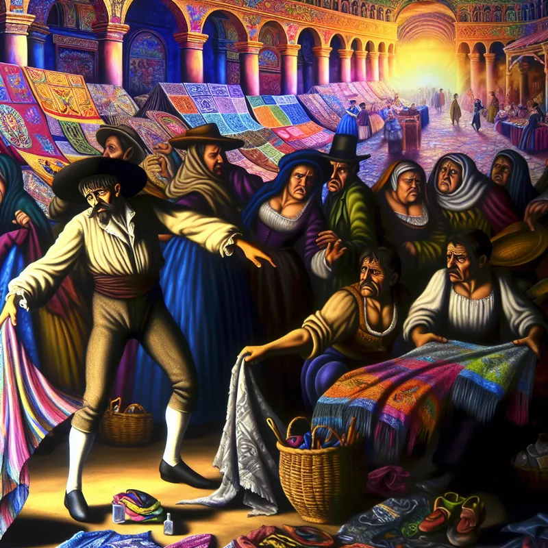 Een drukke markt met een verkoper die slechte kwaliteit materialen toont aan ongeïnteresseerde klanten.