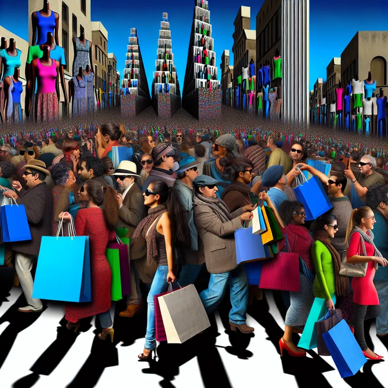 Drukke markt met diverse mensen die enthousiast aankopen doen tijdens een grote uitverkoop, omringd door surrealistische gebouwen.