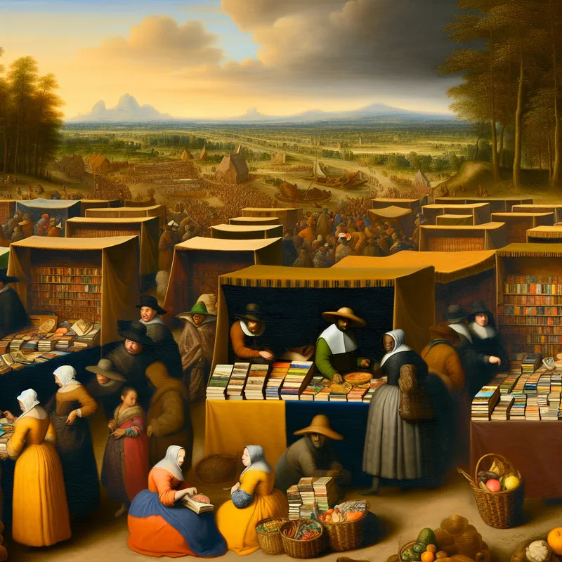 Een levendig marktlandschap met kramen vol boeken en mensen die onderhandelen, onder een dramatische lucht.