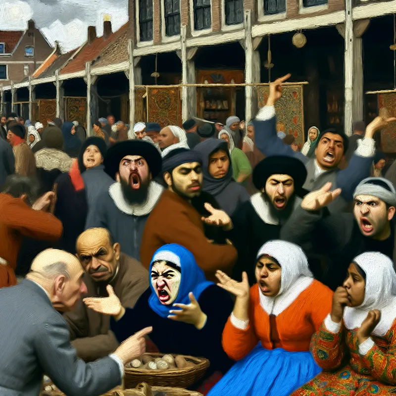 Drukke marktscène met mensen die levendig discussiëren over een productlancering, met gefronste wenkbrauwen en expressieve gebaren.