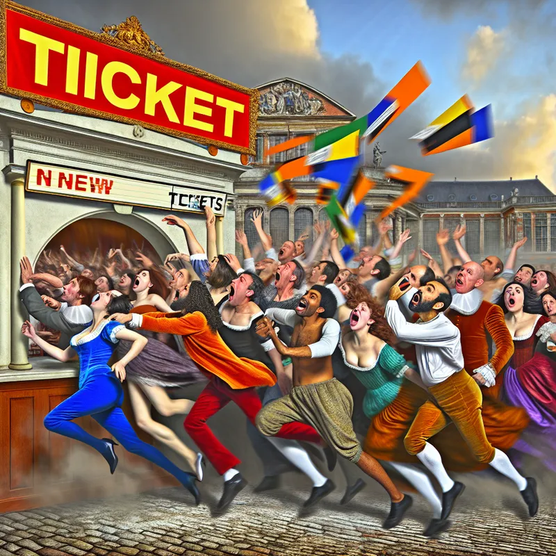 Drukke menigte die zich haast naar een levendige ticketbalie voor een concert, met kleurrijke banners op de achtergrond.