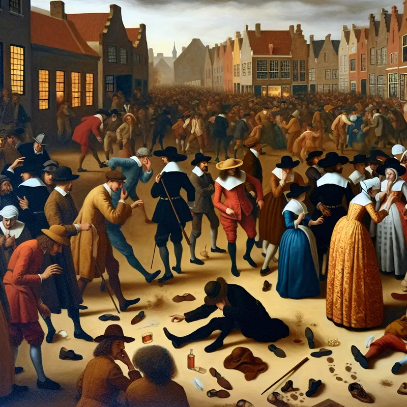 Levendige straatscène in de stijl van Jan Steen met politieagenten, omstanders en subtiele aanwijzingen na een misdrijf op een drukke plek
