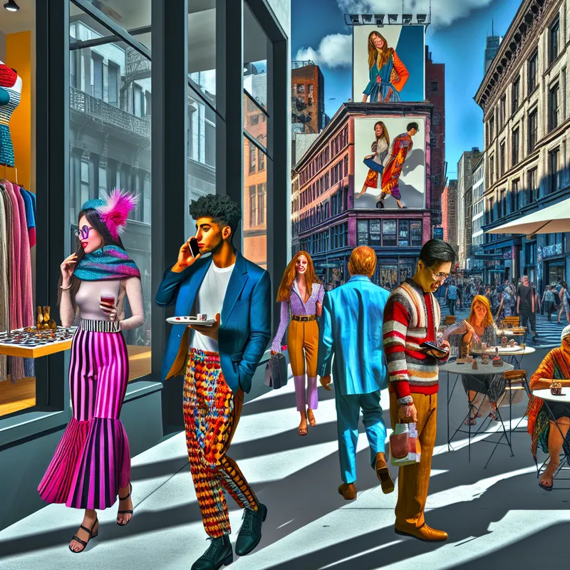 Een hyper-realistisch straatbeeld met mensen in trendy kleding en monumentale architectuur.
