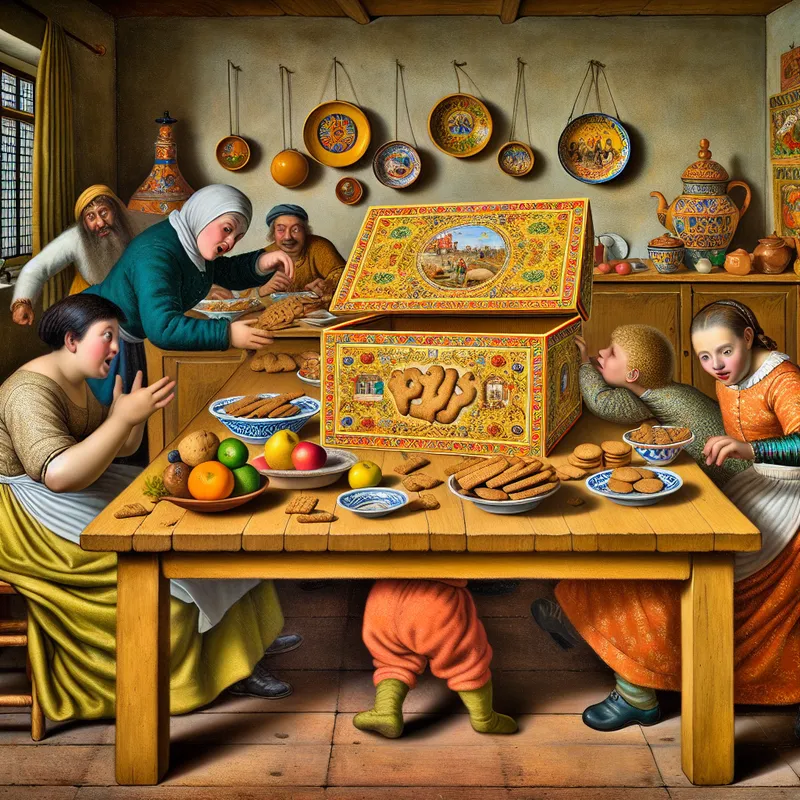 Een levendige keuken in Nederlandse stijl met een gezin rondom een houten tafel, met een grote doos koekjes op de voorgrond