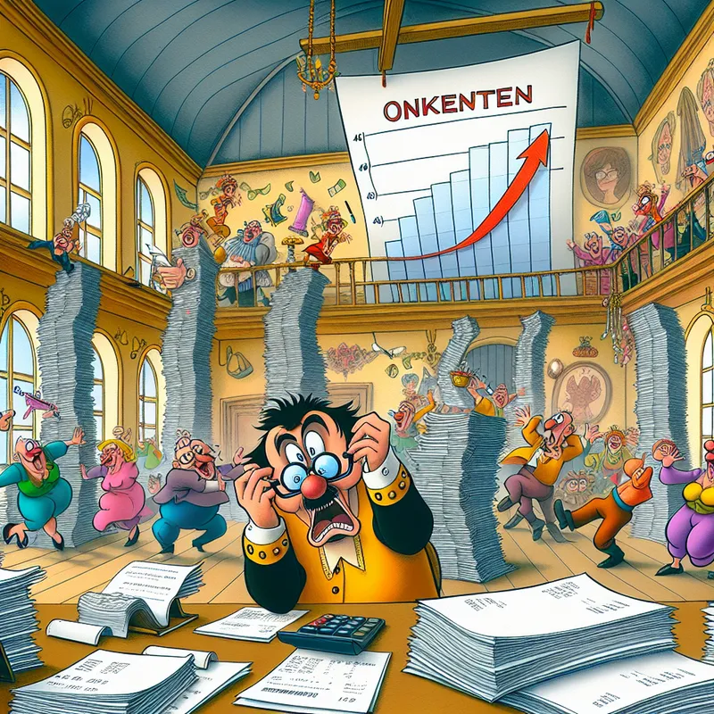 Cartoon afbeelding van een drukke projectmanager omringd door stapels papieren met 'onkosten' erop, terwijl hij naar een grafiek met stijgende kosten kijkt.