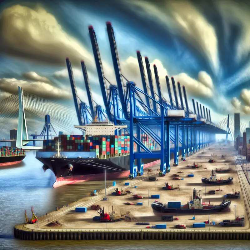 Hyper-realistische afbeelding van de drukke Rotterdamse haven met containerschepen en kranen.