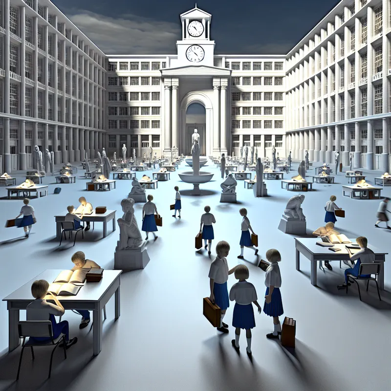 Drukke schoolomgeving met studenten die zich voorbereiden op examens onder surrealistische architectuur