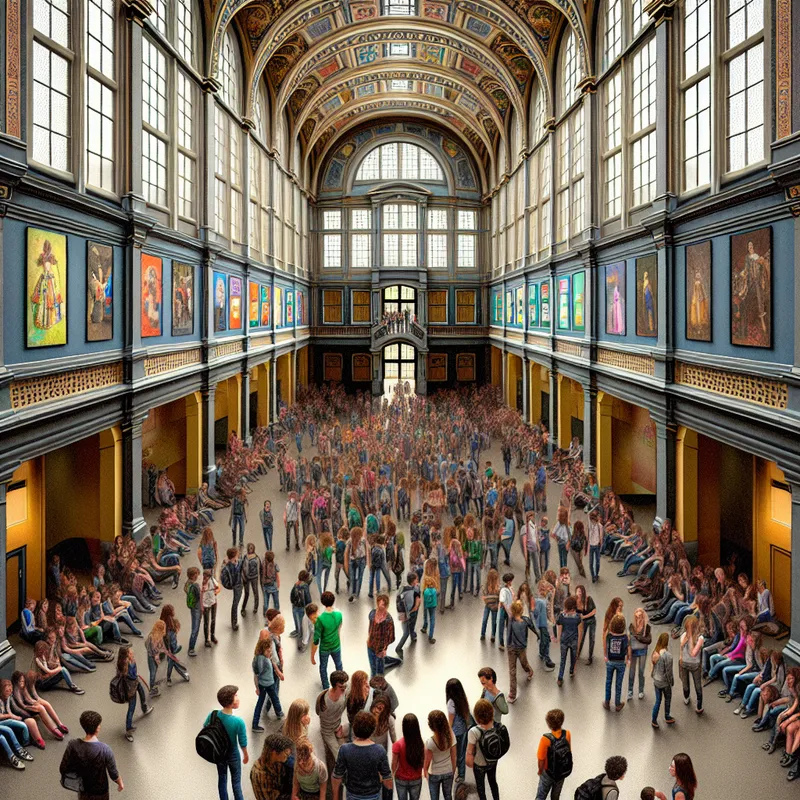 Drukke schoolhal met studenten, hoog plafond, en kleurrijke kunstwerken aan de muren.