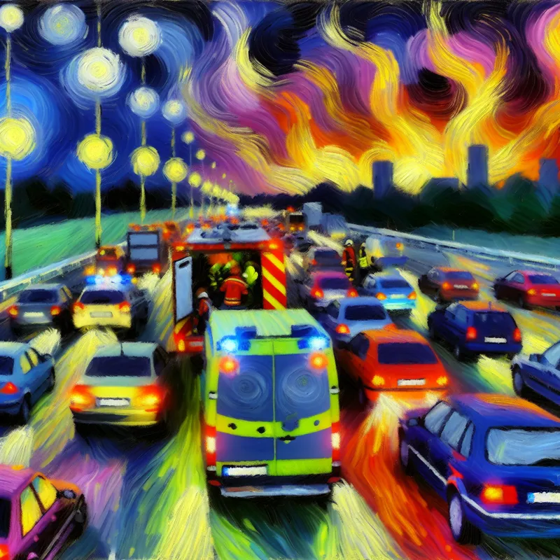 Drukke snelweg met stilstaande auto's door een ongeval, onderbroken verkeersstroom en aankomende hulpdiensten.