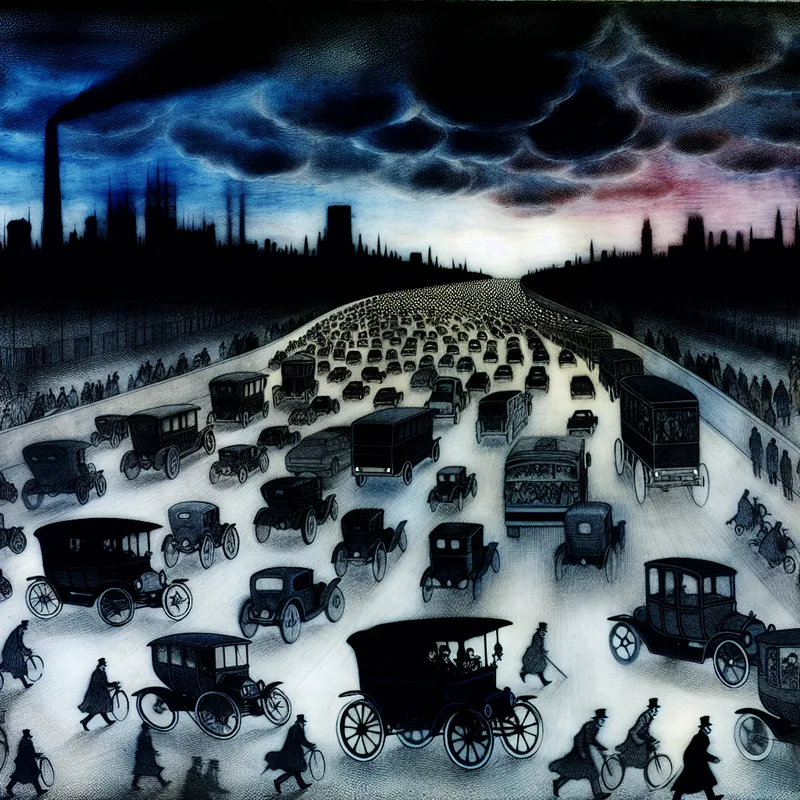 Drukke snelweg tijdens de avondspits met voertuigen, bussen en motocyclen in beweging, en voetgangers aan de zijkant