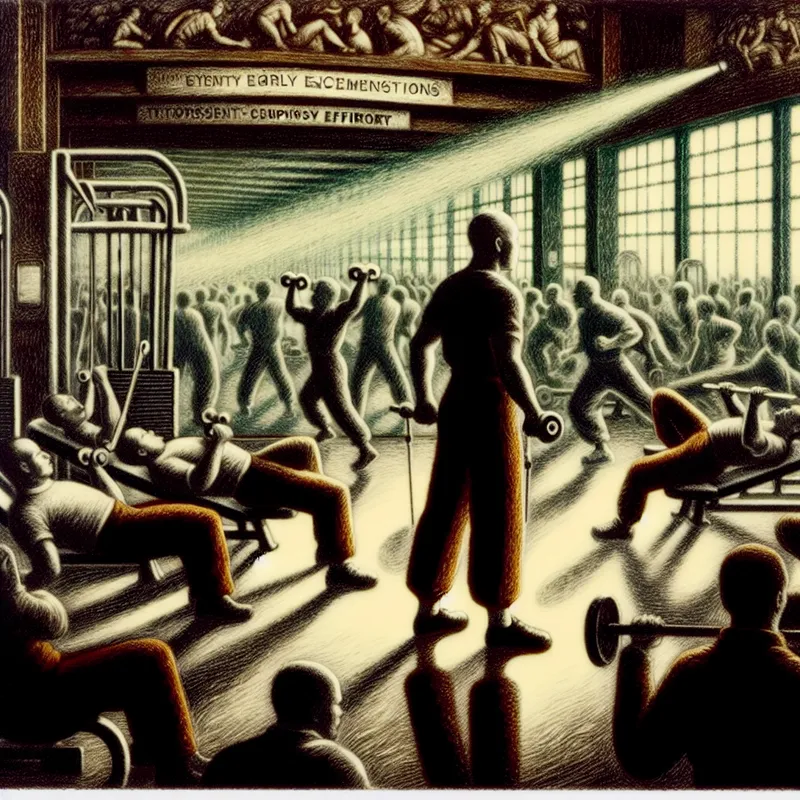 drukke sportschool met een vastberaden persoon die intensief traint met gewichten en fitnessapparatuur, omringd door andere sporters