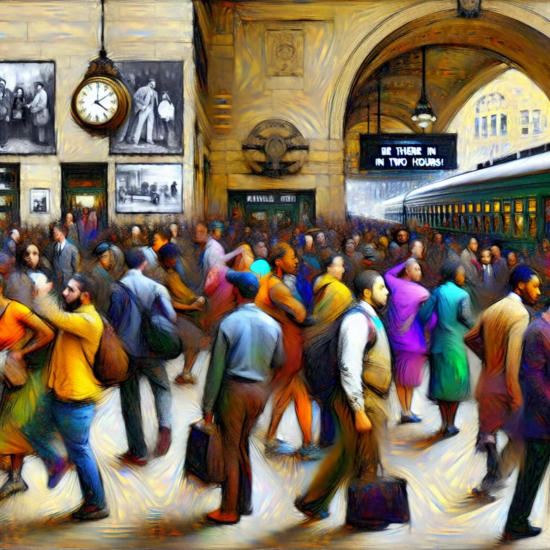 Een drukke stadsscène met reizigers die haastig naar een trein rennen, geïnspireerd door de stijl van Frans Hals.
