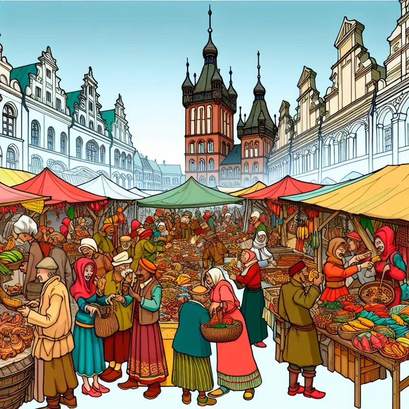 Een levendige markt in een stad met kleurrijke kraampjes en diverse mensen die interactie hebben met verkopers.