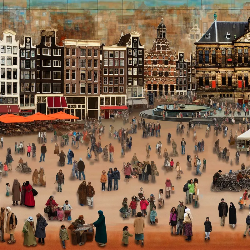 Drukke stadsplein in Amsterdam met mensen van verschillende achtergronden, straatartiesten, en historische gebouwen.