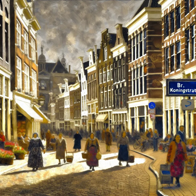 Drukke straat met het bord 'Br. de Koningstraat', vol met voetgangers en traditionele Nederlandse architectuur.