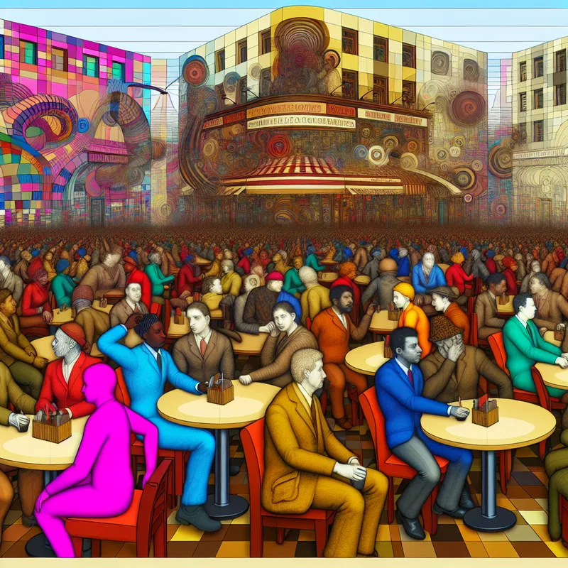 Drukke stedelijke straat met een diverse menigte mensen en een levendig café