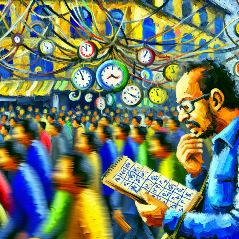 Een man in een drukke straat, verloren in gedachten, terwijl hij naar een vervagende agenda kijkt.