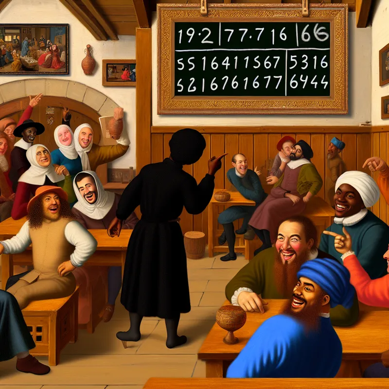 Illustratie van een drukke taverne waar mensen lachen en een man naar een krijtbord kijkt vol met cijfers en vraagtekens, wat duidt op een gokspelletje.