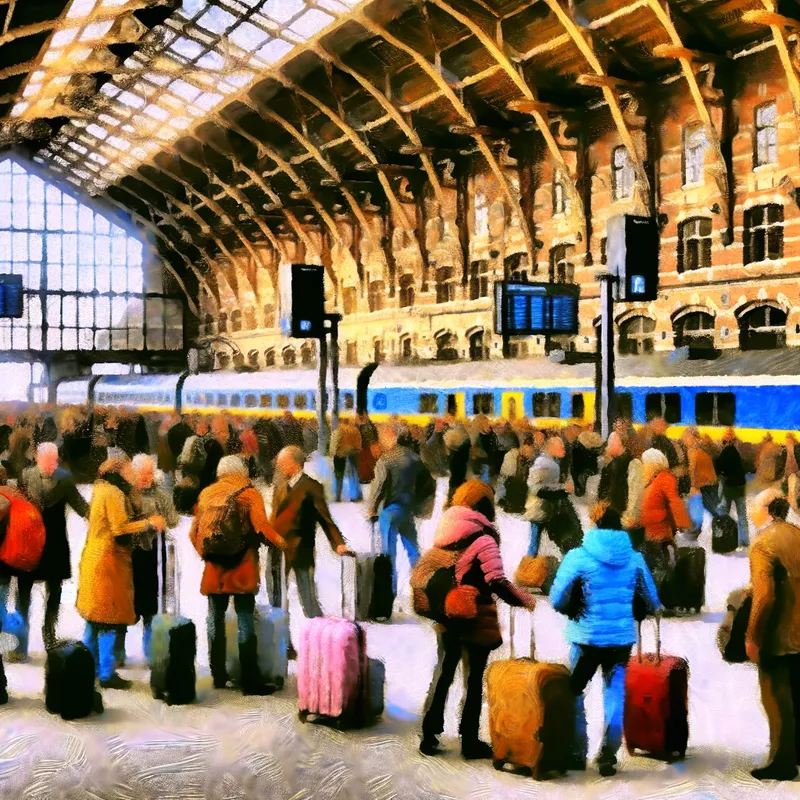 Drukke stationsscène met reizigers die hun bagage dragen en elkaar begroeten, vol energie en activiteit.