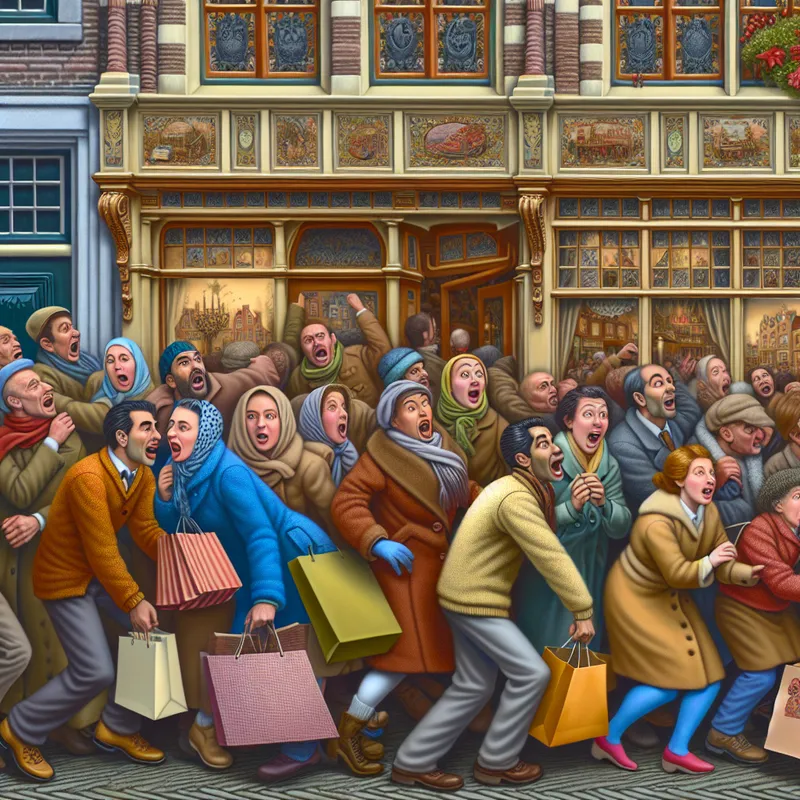 Drukke straat met enthousiaste klanten die naar een vintage winkel dringen tijdens een uitverkoop, met gedetailleerde, oude inrichting.