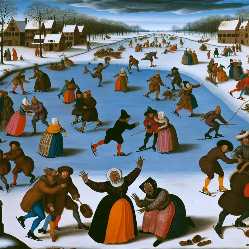 levend winterlandschap in Hendrick Avercamp-stijl met drukke ijsbaan